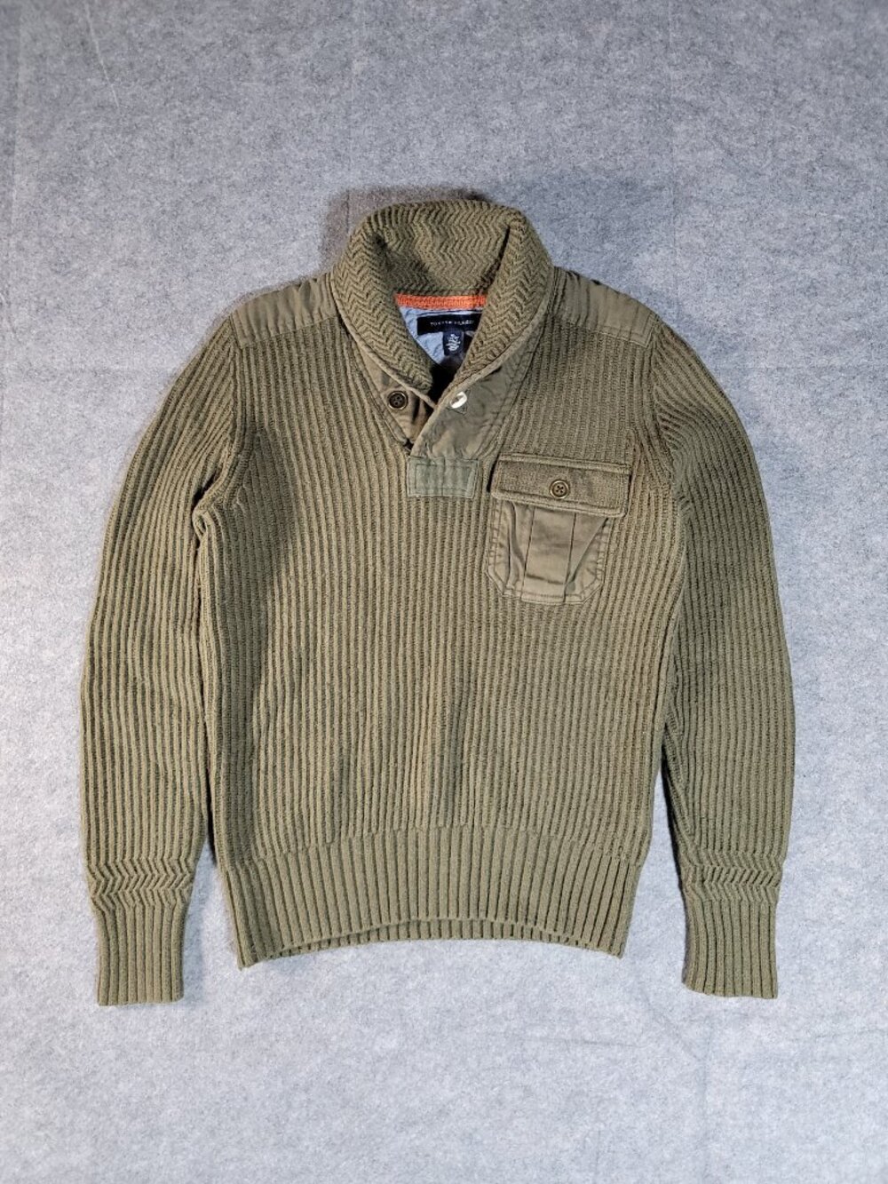 Tommy Hilfiger Olive Green Ribbed Utility Knit Sweater Canvas Patches Mens XS
